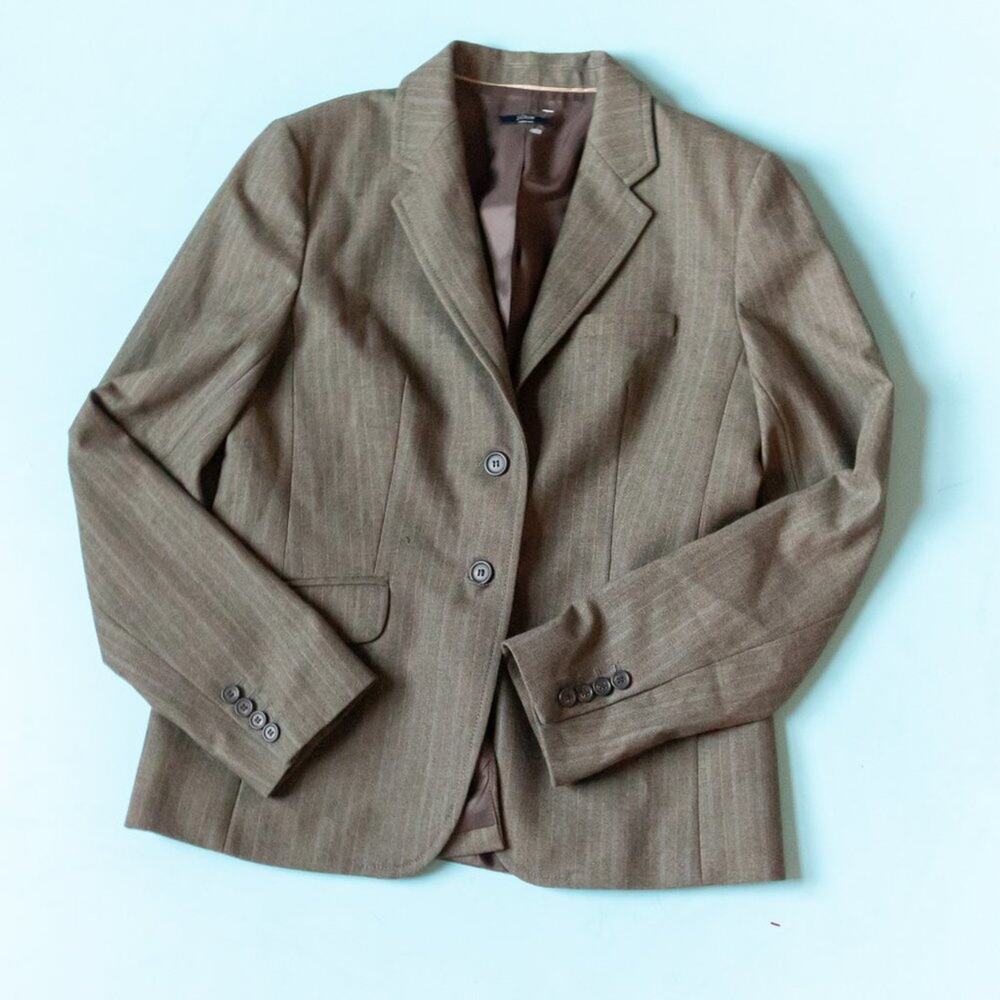 J Crew Brown Vintage Y2K Italian Wool Knit Dark Academia Pinstripe Blazer Jacket